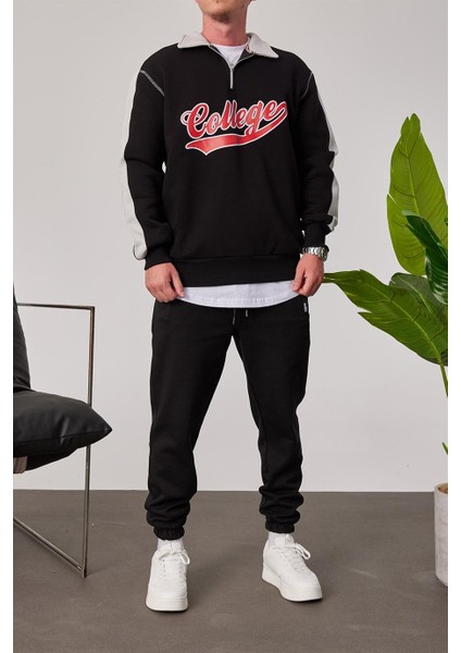 College Yakası Fermuarlı Siyah Sweatshirt fırsatları