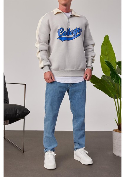College Yakası Fermuarlı Gri Sweatshirt modelleri