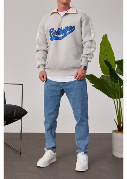 College Yakası Fermuarlı Gri Sweatshirt fırsatları