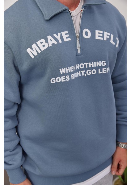 Mbaye Yakası Fermuarlı Mavi Sweatshirt