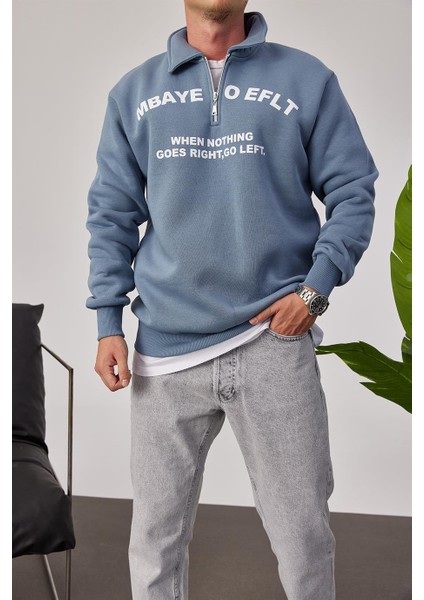 Mbaye Yakası Fermuarlı Mavi Sweatshirt modelleri