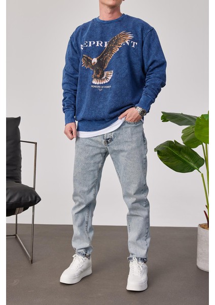 Represent Yazılı Lacivert Yıkamalı Sweatshirt