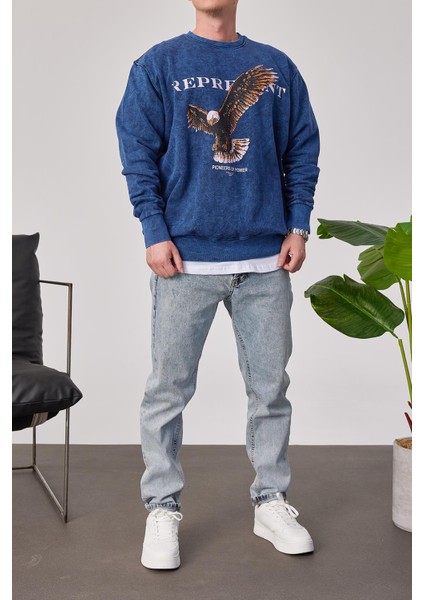 Represent Yazılı Lacivert Yıkamalı Sweatshirt modelleri