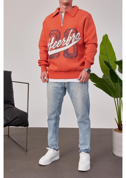 Heerbro Yakası Fermuarlı Kiremit Sweatshirt