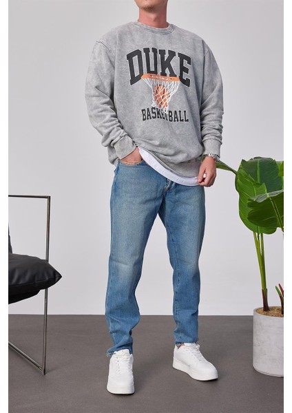 Duke Pota Baskılı Yıkamalı Gri Sweatshirt