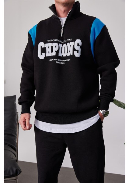 Chpions Yakası Fermuarlı Siyah Sweatshirt