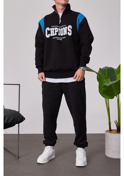 Chpions Yakası Fermuarlı Siyah Sweatshirt