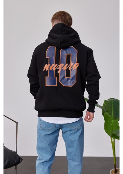 L Harf Baskılı Siyah Kapüşonlu Sweatshirt