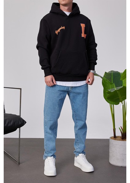 L Harf Baskılı Siyah Kapüşonlu Sweatshirt fırsatları