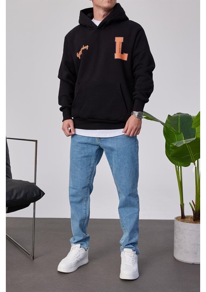 L Harf Baskılı Siyah Kapüşonlu Sweatshirt indirimleri