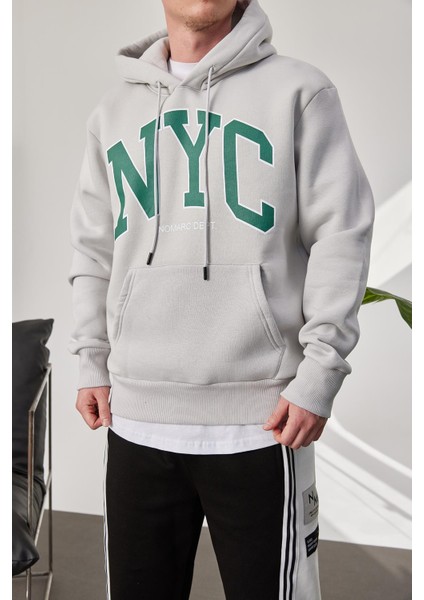 Nyc Baskılı Gri Kapüşonlu Sweatshirt