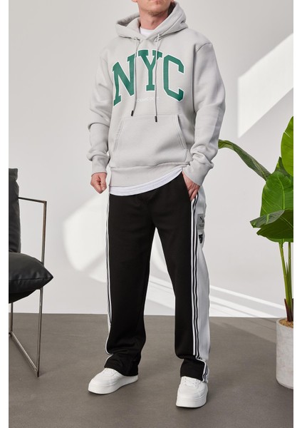 Nyc Baskılı Gri Kapüşonlu Sweatshirt