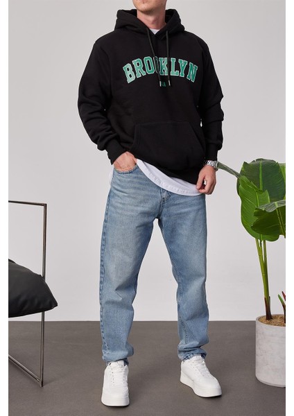 Brooklyn Baskılı Siyah Kapüşonlu Sweatshirt