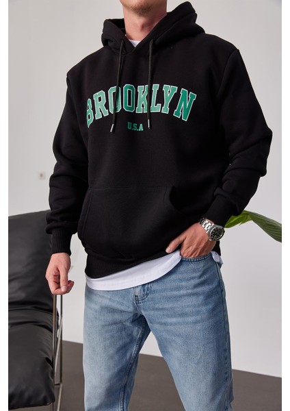 Brooklyn Baskılı Siyah Kapüşonlu Sweatshirt fiyatları