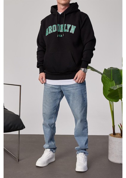 Brooklyn Baskılı Siyah Kapüşonlu Sweatshirt fırsatları