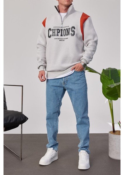 Chpions Yakası Fermuarlı Gri Sweatshirt