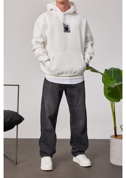 Doberman Baskılı Beyaz Kapüşonlu Sweatshirt