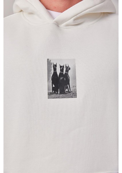 Doberman Baskılı Beyaz Kapüşonlu Sweatshirt fiyatları