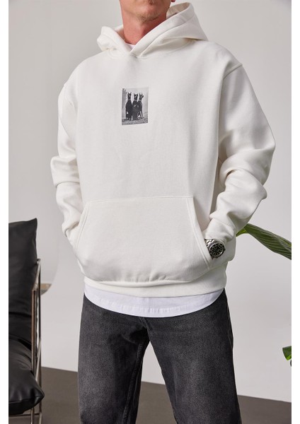 Doberman Baskılı Beyaz Kapüşonlu Sweatshirt fırsatları