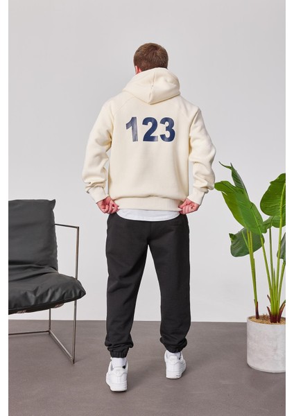 123 Baskılı Krem Kapüşonlu Sweatshirt