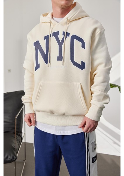 Nyc Baskılı Krem Kapüşonlu Sweatshirt