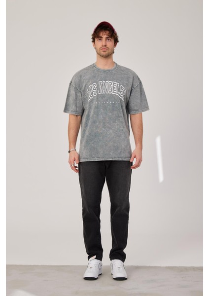 Los Angeles Yazılı Yıkamalı Gri Tshirt