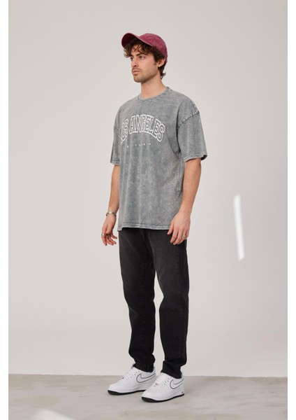 Los Angeles Yazılı Yıkamalı Gri Tshirt modelleri