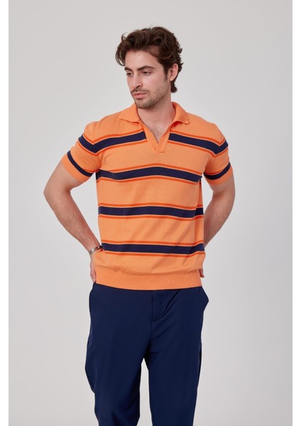 Enine Renkli Çizgili Turuncu Triko Kumaş Tshirt