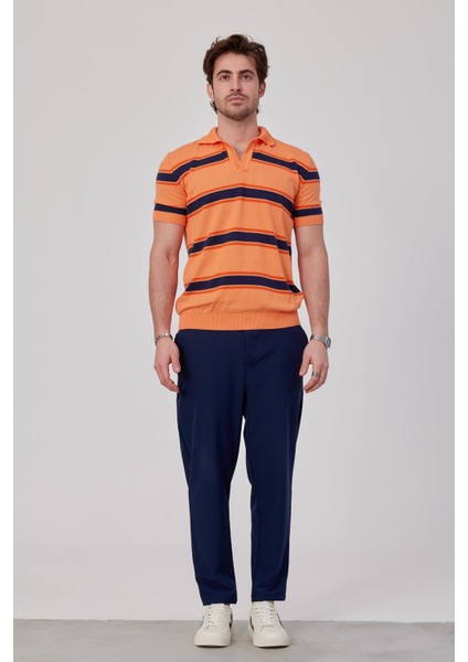 Enine Renkli Çizgili Turuncu Triko Kumaş Tshirt
