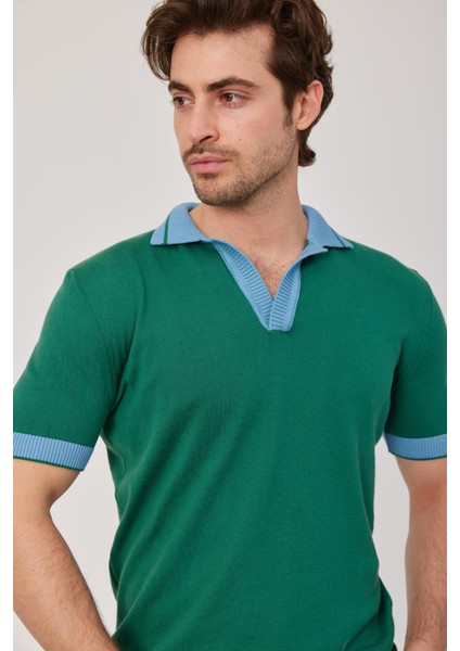 Yakası Çizgili Triko Kumaş Mavi Yeşil Tshirt