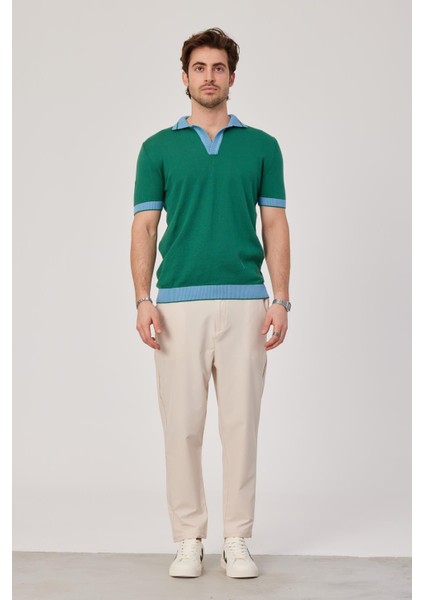 Yakası Çizgili Triko Kumaş Mavi Yeşil Tshirt