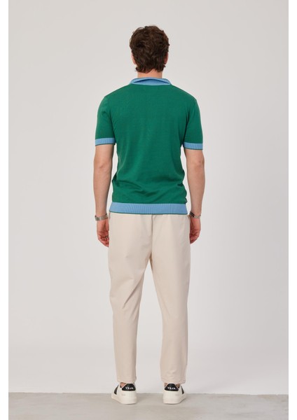 Yakası Çizgili Triko Kumaş Mavi Yeşil Tshirt indirimleri