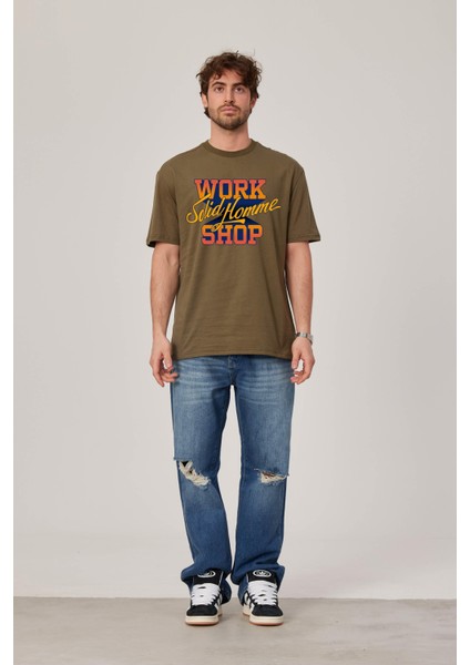 Work Shop Renkli Baskılı Yeşil Tshirt