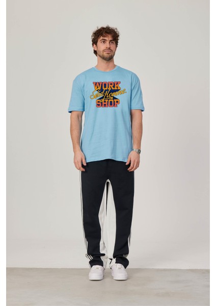 Work Shop Renkli Baskılı Mavi Tshirt