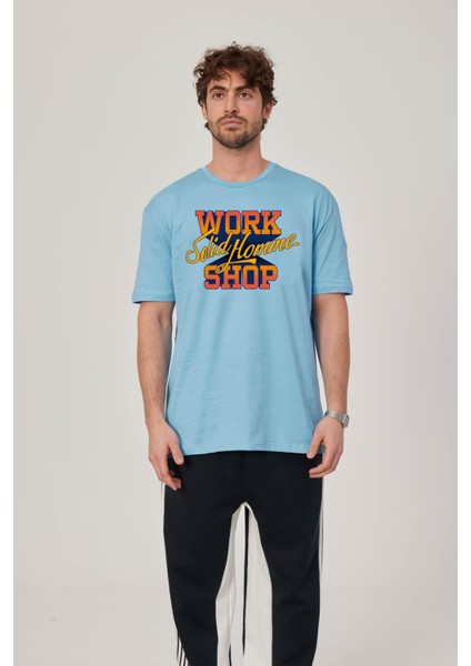 Work Shop Renkli Baskılı Mavi Tshirt fiyatları