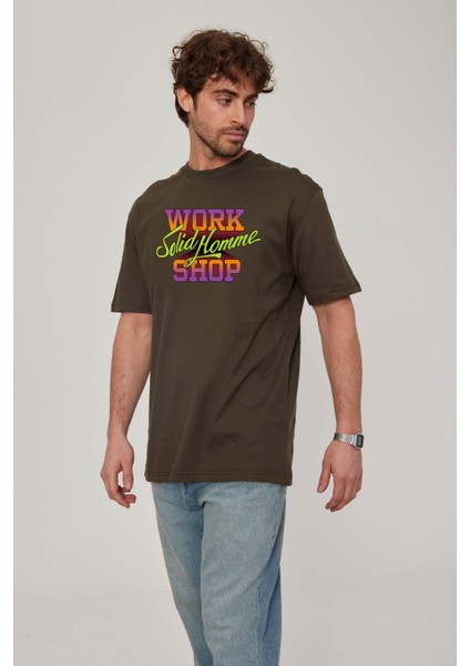 Work Shop Renkli Baskılı Haki Tshirt fiyatları
