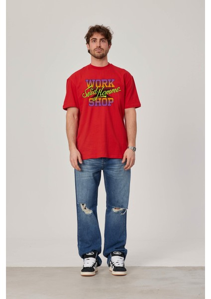 Work Shop Renkli Baskılı Kırmızı Tshirt