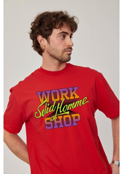 Work Shop Renkli Baskılı Kırmızı Tshirt fiyatları