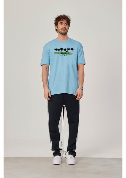 Hawaii Baskılı Mavi Tshirt