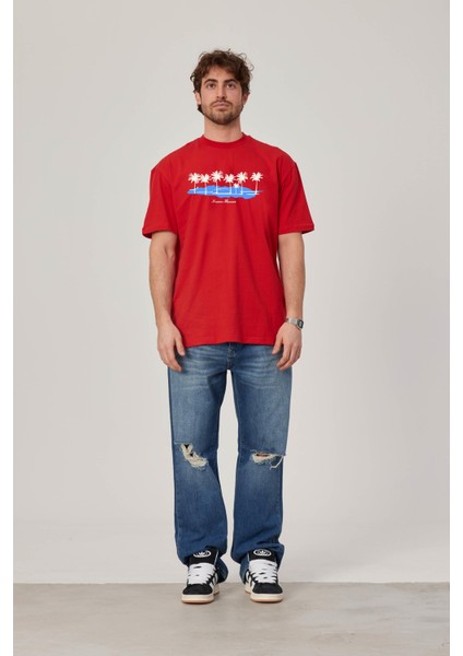 Hawaii Baskılı Kırmızı Tshirt