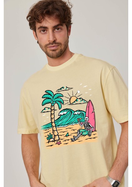 Sörfçü Iskelet Baskılı Sarı Tshirt fiyatları