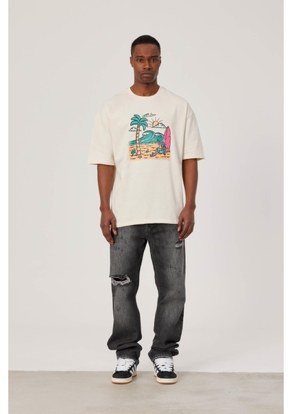 Sörfçü Iskelet Baskılı Krem Tshirt