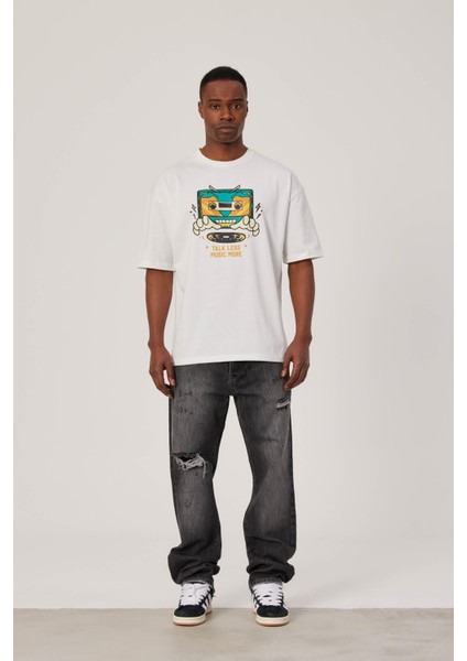 Kaset Figür Baskılı Beyaz Tshirt