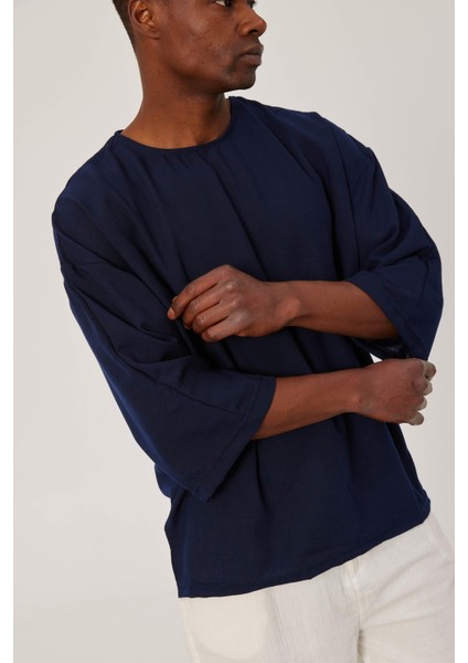 Fakir Kol Lacivert Keten Tshirt