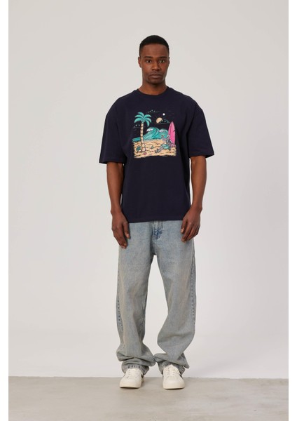 Sörfçü Iskelet Baskılı Lacivert Tshirt