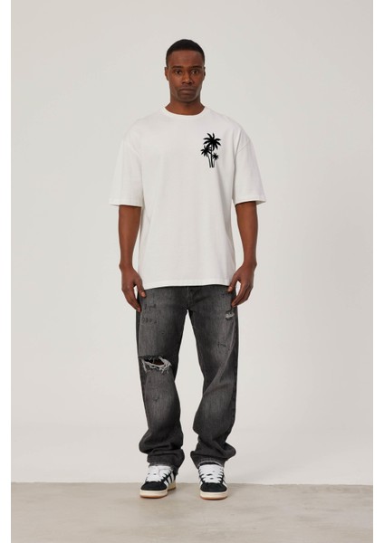 Palm Ağaç Baskılı Beyaz Tshirt