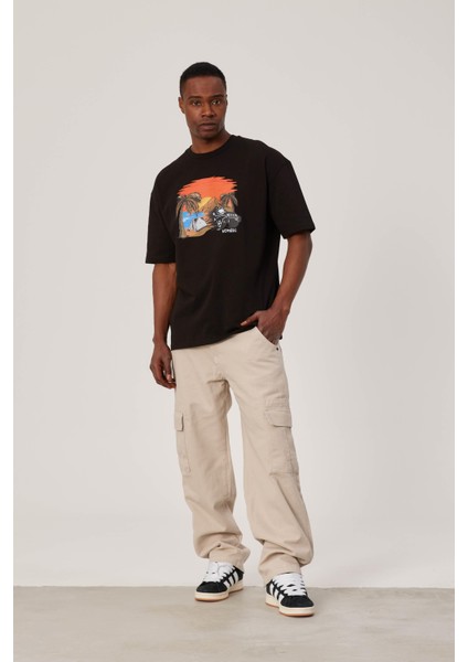 Sunset Renkli Baskılı Siyah Tshirt modelleri