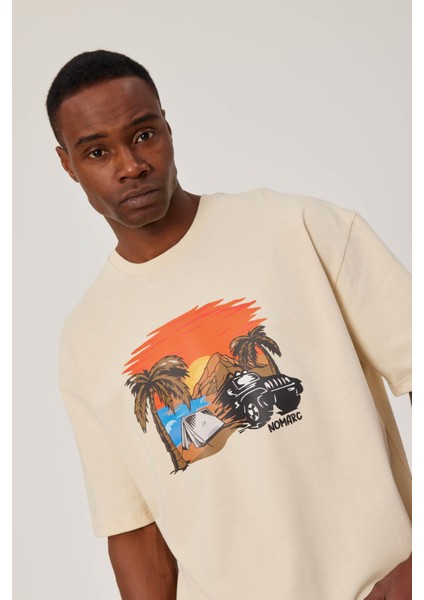 Sunset Renkli Baskılı Krem Tshirt fırsatları