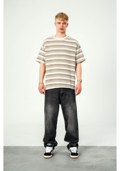 Kahverengi Mint Çizgili Örme Tshirt