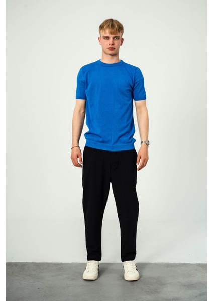 Basic Mavi Triko Kumaş Tshirt